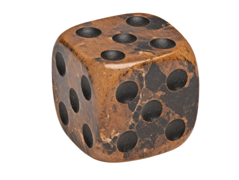 A six-sided die made of a marbled stone, featuring black dots on a rich brown surface.