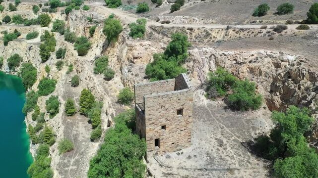 Aerial view of old Burra Mine water tower, South Australia