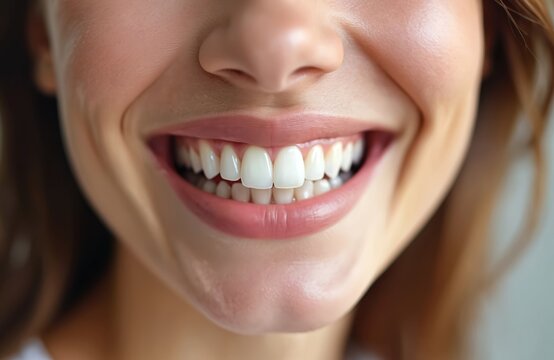 Close-up of woman perfect smile with white teeth. Dental health, beauty concept. Confident happy female, healthy clean mouth, fresh breath, wellness, dental care. Smiling model with pearly, toothy