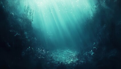 Deep underwater scene, sunbeams penetrating murky waters, vibrant blue, aquatic flora, marine plants
