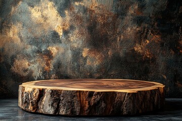 A rustic wooden tree trunk slab serves as a display platform