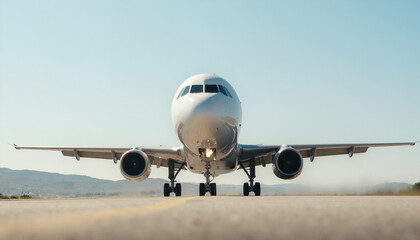Airplane landing in daylight against clear sky, aviation journey
