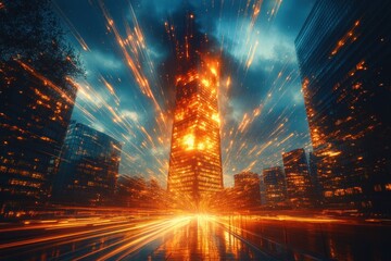 Fototapeta premium Burning skyscraper in city center with light trails, dramatic sky