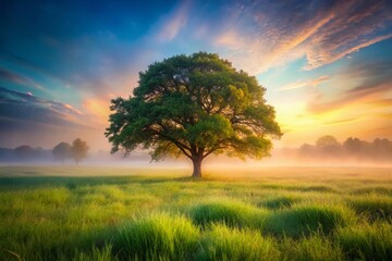 Lone Tree in Misty Meadow: Serene Nature Stock Photo
