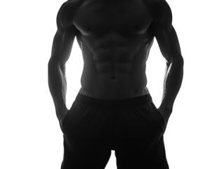 A muscular male figure stands confidently with hands in pockets, showcasing strength and physique.