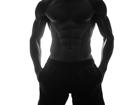 A muscular male figure stands confidently with hands in pockets, showcasing strength and physique.
