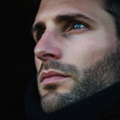 Obraz premium Close-up portrait of a man with a beard and blue eyes in dim lighting