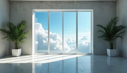 Fototapeta premium Spacious minimalistic room with window overlooking blue sky and clouds. Two potted palm plants create serene atmosphere. Clean room design with sunlight. Comfort interior, fresh air in modern home.