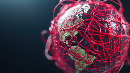 surreal planet wrapped in red veins, depicting abstract concept
