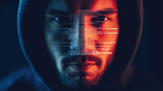 mysterious hacker with code projected on face, wearing hood
