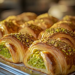 close-up of pistachio croissants, with green pistachio cream topped with crushed pistachios