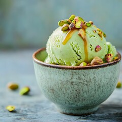 pistachio gelato, ice cream in a ceramic bowl, topped with pistachios and drizzled with golden syrup