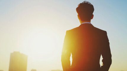 Confident businessman gazing at sunrise in modern cityscape