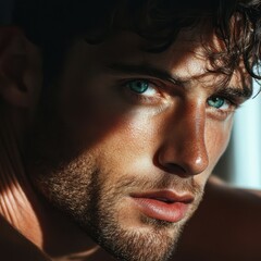 Obraz premium Close-up portrait of a man with striking blue eyes and a light stubble beard