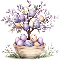 spring-themed watercolor Easter centerpiece with tree and eggs
