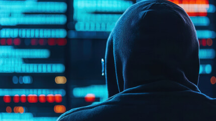 person in hoodie faces screen filled with code, simulating cyber attack