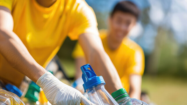 Young volunteers collecting plastic bottles outdoors