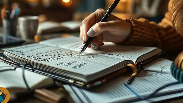 A cozy indoor scene of a person writing in a planner with warm lighting and coffee in the background