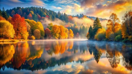 Naklejka premium Long Exposure Watercolor Autumn Lake Landscape - Vibrant Fall Colors & Misty Reflections