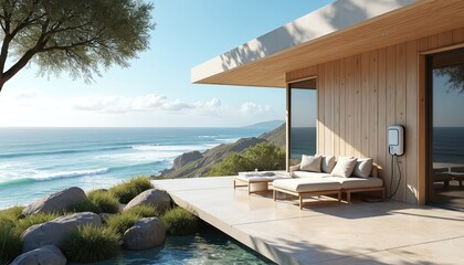Fototapeta premium Seaside house with large patio faces ocean. Beautiful turquoise sea view. Modern home with water pond, outdoor furniture. Summer vacation background, coastal scenery, travel, architecture. Modern