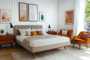 Scandinavian-style bedroom with gray fabric bed frame, wooden furniture, and warm accent colors, featuring art posters and gentle bedside lighting.