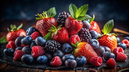Obraz premium Low Light Photography: Layered Berries, Juicy, Dark, Moody Food Still Life