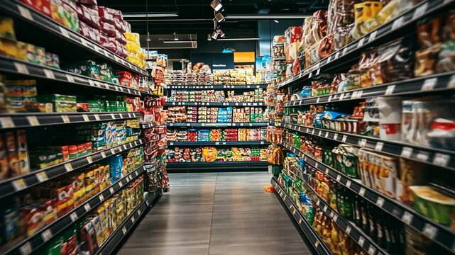 Exploring a vibrant grocery aisle filled with diverse food products in a modern store during daytime