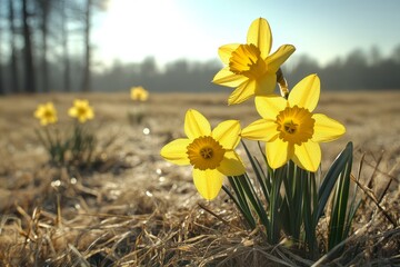 Obraz premium Yellow daffodils in the grass with sun rays and a blue sky in the background, capturing a bright, springtime scene.