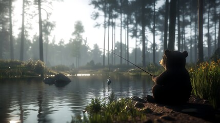 Obraz premium Bear fishing in a tranquil lake, surrounded by lush forest, serene background scenery