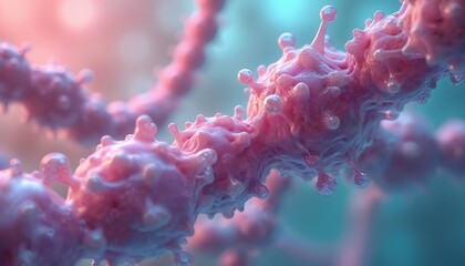 Detailed view of pink cellular structure, interconnected nodes. Perfect for illustrating bio-tech research, genetic studies, virus structure, laboratory experiments, scientific visualizations.