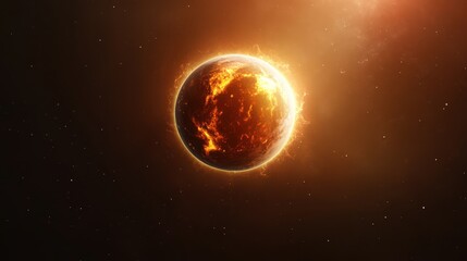 Naklejka premium Fiery Planet Burns In Space Dark Background