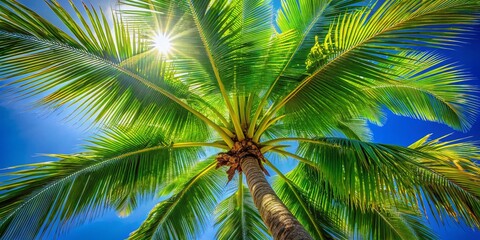Fototapeta premium Lush Coconut Palm Crown Against Vibrant Blue Sky at Tropical Beach
