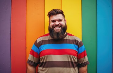 Happy gay chubby bearded man smiles against rainbow colored wall. Confident plus size male expresses joy, self-acceptance. Big, positive, joyful person poses, expresses emotions in casual attire.