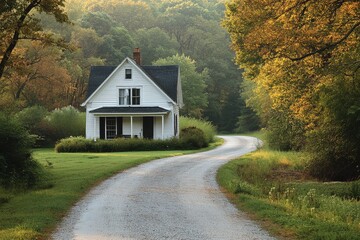 Obraz premium White two-story bungalow with black trim on a quiet road in Wisconsin, surrounded by trees and grass, captured in a photorealistic straight-on view.