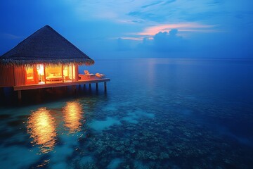Fototapeta premium Overwater bungalow in the Maldives at blue hour, warm lights reflecting on calm tropical waters, serene night scene in a luxury island resort.