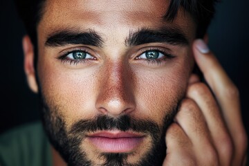 Close-up portrait of a man with green eyes and facial hair, wearing a dark shirt