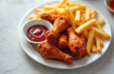 Appetizing spicy chicken drumsticks served with golden french fries and ketchup on white plate. Crispy fried chicken wings with hot chili sauce, delicious junk food combo, unhealthy eating.