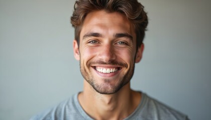 Fototapeta premium Close-up of smiling young man with stubble. Happy guy portrait against grey wall. Brown hair, eyes, white teeth. Cheerful facial expression. Attractive male model headshot. Positive emotion, good