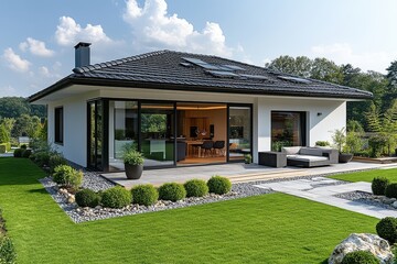 Modern one-story two-level bungalow with an open kitchen, terrace, and garden, featuring white walls, gray roof tiles, and a glass entrance door under a sunny German sky.