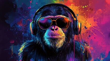 Cool chimp wearing headphones and sunglasses on vibrant background. (1)