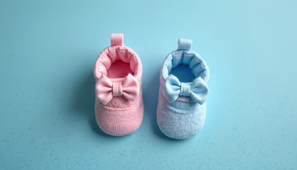Top view of small pink, blue baby booties with bows on blue background. Baby gender reveal party concept, adorable shoes for newborns, infants. Cute pair of boy or girl footwear.