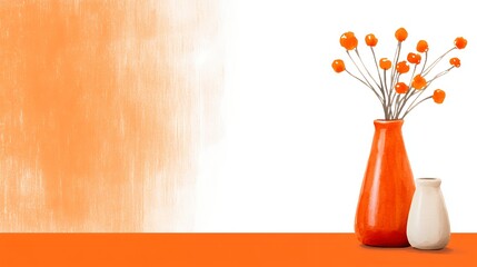 Modern Ceramic Vases with Orange Berries and Textured Background, Generative AI.