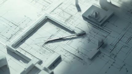 Architectural blueprints with drafting tools and models