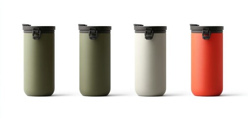 Set of four different-colored matte white metal travel mugs with black plastic clasps and lids, each one isolated on an all-white background