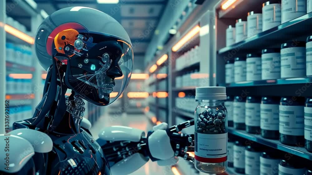 Poster robot in laboratory analyzing medication with advanced technology and precision