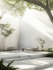 Tranquil courtyard bathed in sunlight, featuring modern outdoor furniture and lush greenery