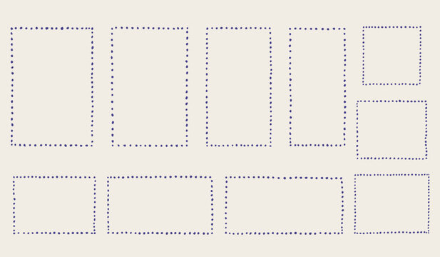 Hand drawn dotted frame set. Chalk scribble polka dot pencil texture doodle borders collection. Different sizes: wedding invitation, greeting card, postcard design. Vintage vector illustration
