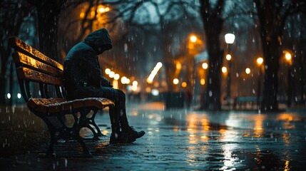 A lonely man in a hoodie sits on a rain-soaked bench at night, the dim glow of a streetlamp casting shadows of sadness and despair