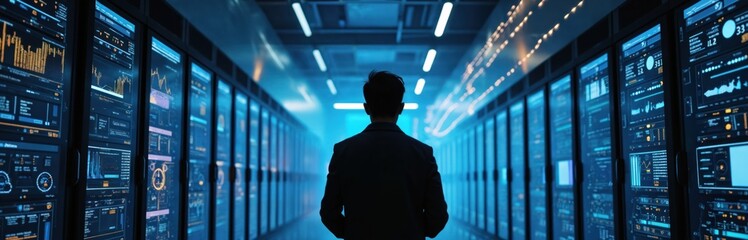 Cybersecurity expert silhouette standing in secure business server room. Data center specialist controls information network, assessing threat detection, protection, vulnerability. Man in suit