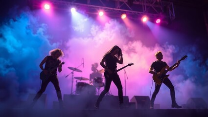 Rock music concert crowd dancing on stage under colorful lights, ai generated